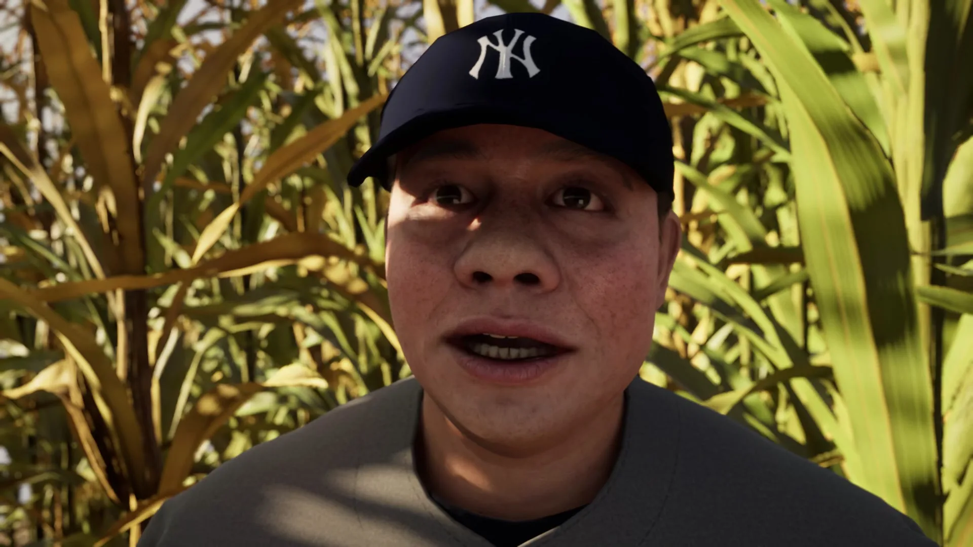 A photo-real digital presenter in a baseball cap, speaking to camera
