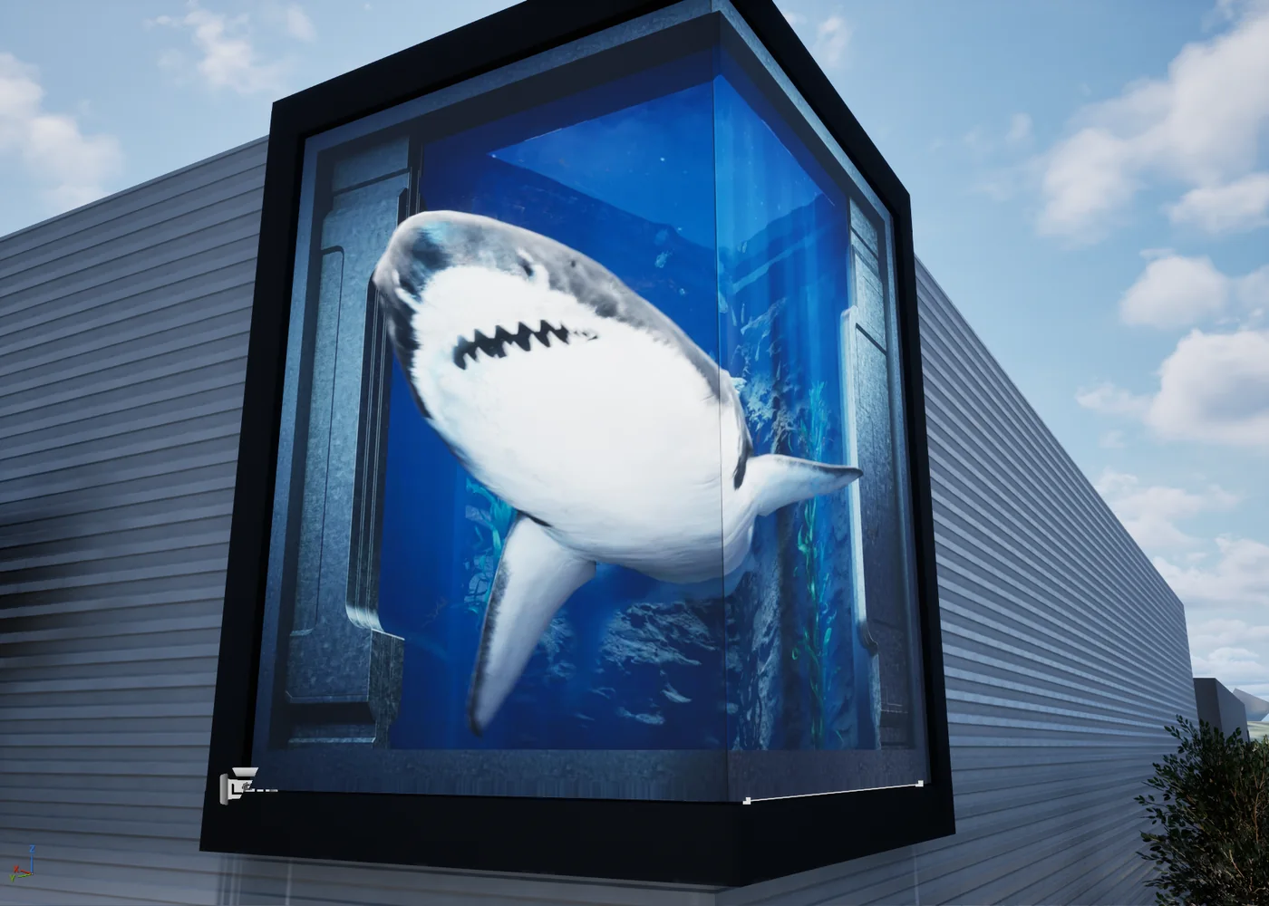 A close view in the Unreal Engine editor of the corner display running the shark scene, the illusion resolving across both faces of the volume