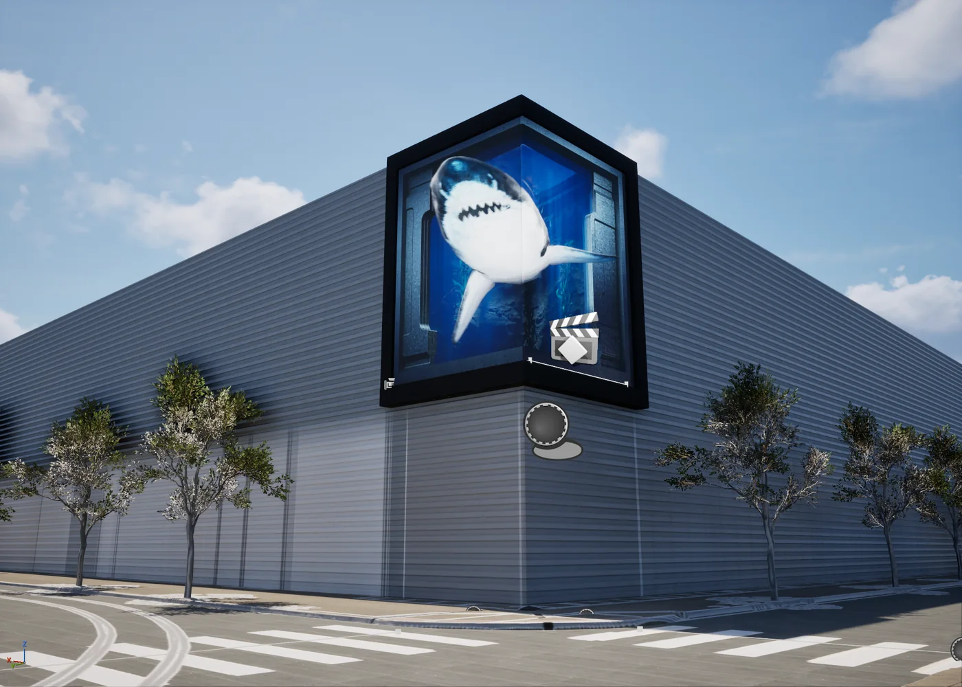 A street-level view in the Unreal Engine editor of the building corner with the shark scene playing, seen from across the intersection