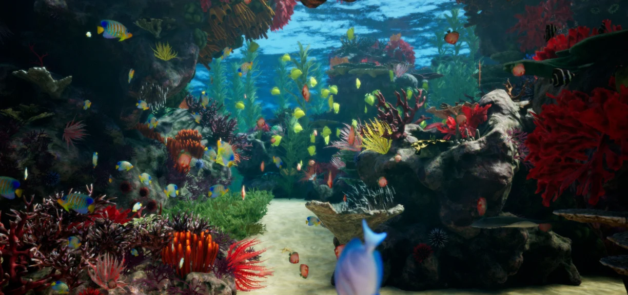 A photo-real coral reef scene, densely populated with fish, anemones and rock formations
