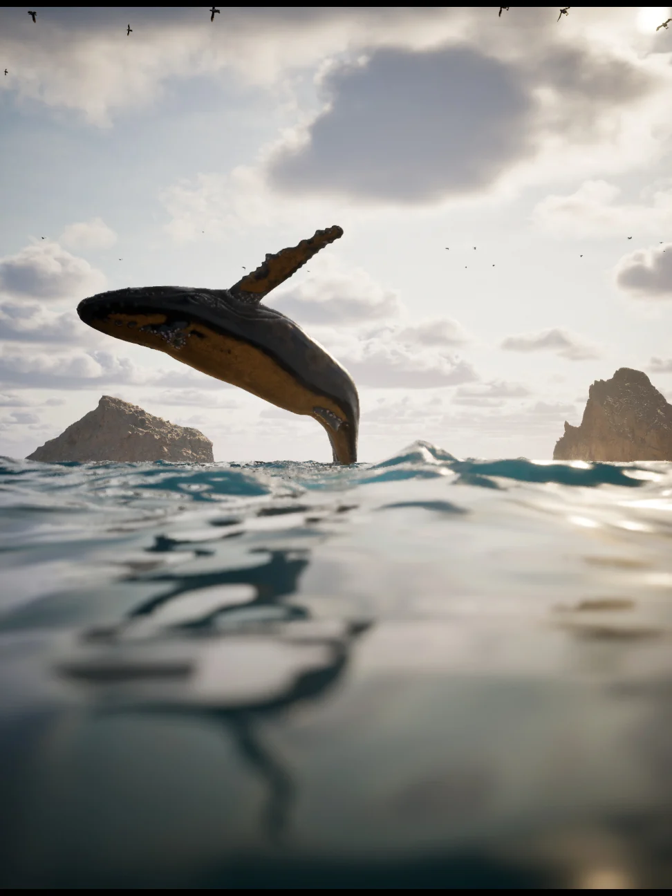 A humpback whale breaching in open water at golden hour, seen from just above the waterline